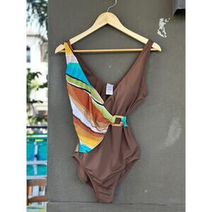 NWOT Islander Swimsuit Size 10 One Piece Swimsuit Brown Striped Vintage Stretch